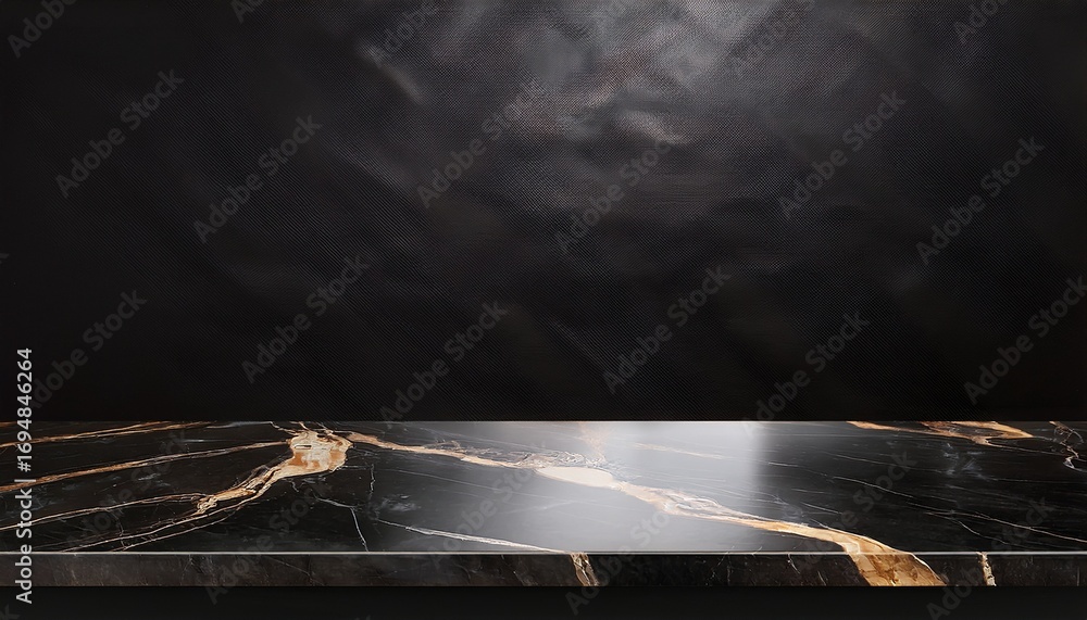 Aufkleber clean black marble countertop with a smooth empty surface framed by a dark black wall background for