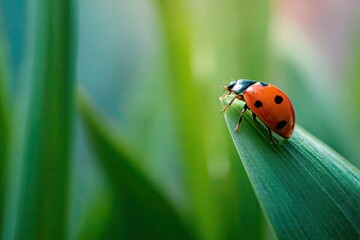 Fototapeta premium Ladybug on a green leaf in soft focus