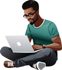 a guy working with his laptop, do not show face just a body figure, white background