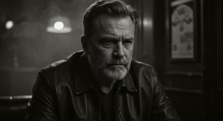 Monochrome portrait of an introspective man in a leather jacket, gazing downwards in a bar setting. Moody and dramatic lighting.