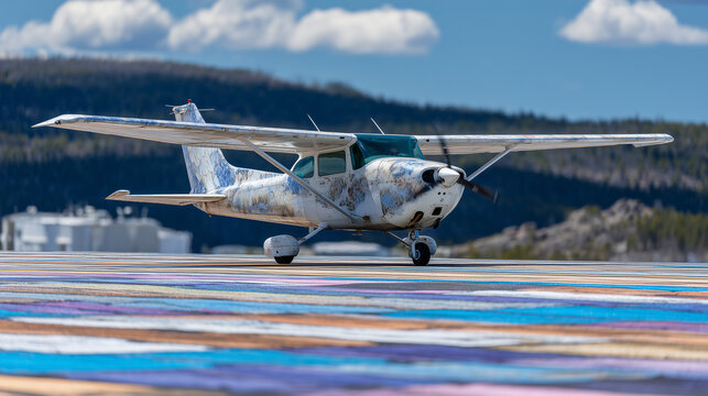 Patchwork details of asphalt showing color contrasts and wear, small aircraft aligned on runway, pilot smiling while performing pre-flight inspection - Powered by Adobe