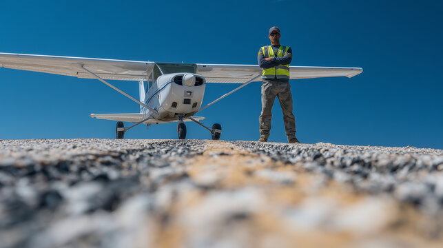 Wide shot emphasizing repaired tarmac seams, single-engine aircraft ready for local route, pilot standing tall with hands clasped behind back, clear blue sky overhead