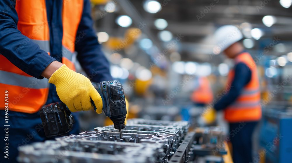Poster close-up of hands using power tools to assemble mechanical parts, blurred factory workers in the bac