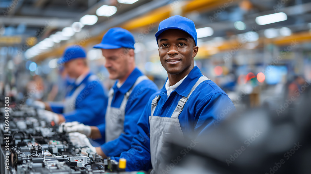 Poster wide-angle view of assembly line with workers focused on precise tasks, conveyor belts moving compon