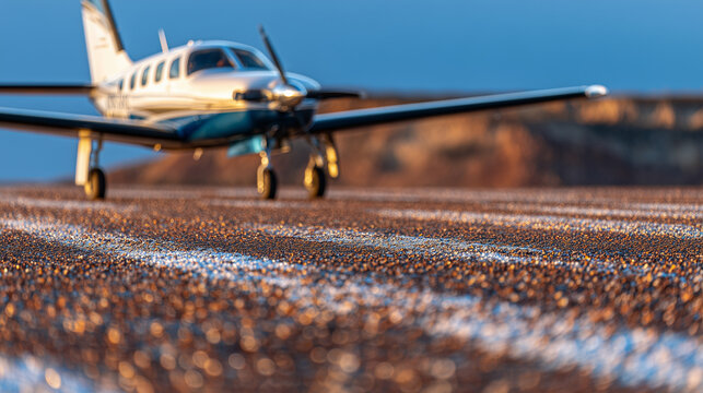 Close-up of multi-textured tarmac patches with embedded gravel, small commuter plane parked, local pilot checking instruments, sunlight glinting off polished fuselage