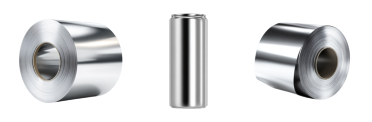 Shiny Metal Rolls For Industrial Packaging and Crafting Purposes isolated on transparent background.