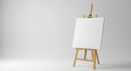 Blank White Canvas on Wooden Easel with Light Gray Background