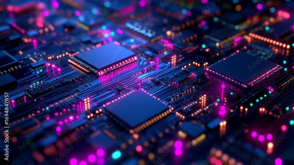 Poster exploring the intricacies of semiconductor nano circuits in a futuristic environment a closeup persp