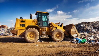 Obraz premium yellow bulldozer working in urban garbage dump