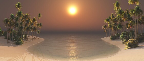 Beautiful beach with palm trees at sunset, panorama of a tropical landscape, sea sunset, 3d rendering