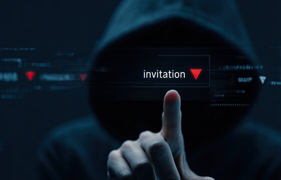 A hooded figure presses a digital invitation