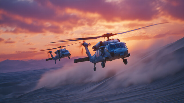 Sunset scene with twin helicopters suspended above desert dunes, armored vehicles moving below, dust clouds swirling, sky painted in deep orange and pink hues