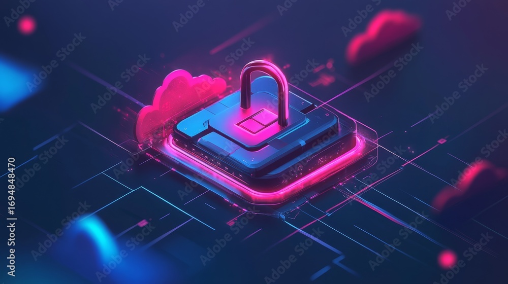 Poster securing the future a futuristic lock over a cloud network in digital environments