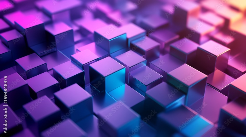 Poster exploring a dynamic futuristic geometric pattern of cubes and squares in an abstract digital environ