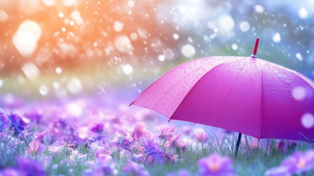 Colorful umbrella in blooming field during gentle rain and soft sunlight - Powered by Adobe