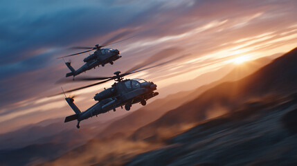 Helicopters suspended over desert valley, armored vehicles stirring clouds of dust below, sky painted with warm hues of sunrise, cinematic and intense atmosphere
