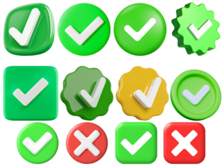 approve symbol isolated on transparent background, transparent Set of Green Check mark symbol 3d icon illustration, verified. Check mark icon in a circle frame. Confirmation symbol