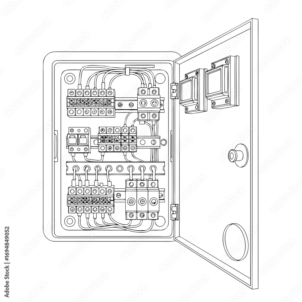 Poster Line art fuse box illustration showing intricate wiring and components, essential for electrical systems. Line art fuse box is an essential element in electrical design.