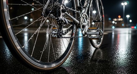 Close up of a bicycle wheel on a wet street at night with colorful reflections of lights suggesting a rainy evening commute