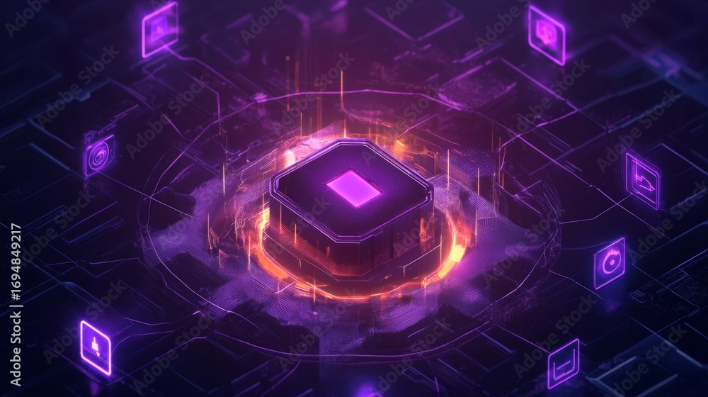 Poster unlocking digital security a glowing lock surrounded by technology icons in a futuristic environment