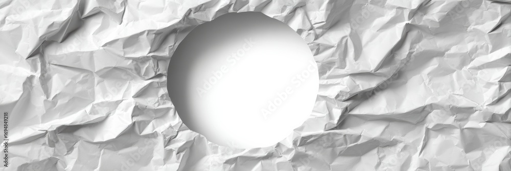 Poster crumpled white paper with a smooth circular cutout in the center, creating a striking contrast and d