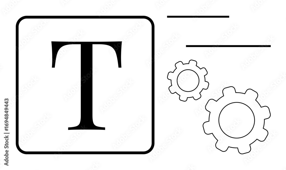 Aufkleber large t within a square represents typography, accompanied by two gears for customization mechanics 