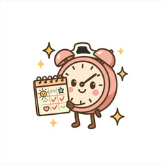 Kawaii Pink Alarm Clock Character Holding Spiral Calendar with Colorful Doodles - Cute Educational Cartoon Illustration