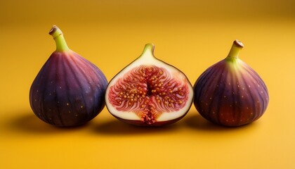 Obraz premium purple brown figs whole and sliced open revealing delicious interior on yellow background