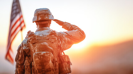 Silhouette of american soldier saluting us flag at sunset warm golden hour light