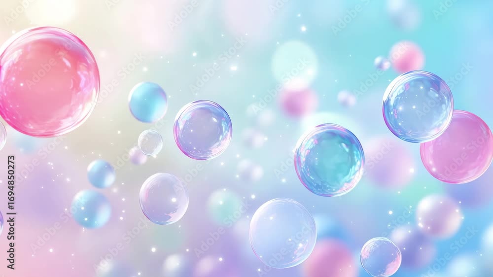 Poster bubbles in various colors drift through a soft, pastel background, adding a whimsical touch to the v