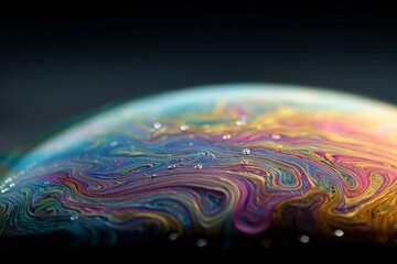 Close-up of a soap bubble with iridescent colors and swirling patterns.