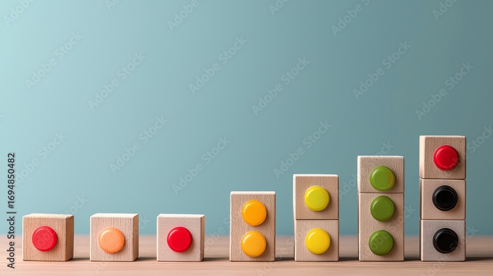 Aufkleber wooden blocks with colorful buttons are arranged row, creating minimalist and conceptual display aga
