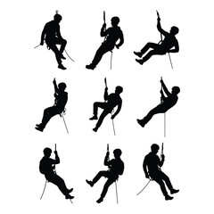 Black and white silhouette illustration of a person rappelling in eight dynamic positions with climbing gear and safety equipment