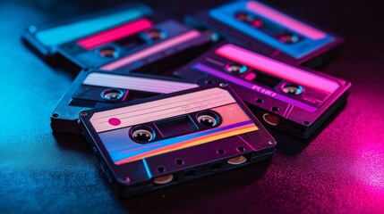 Retro cassette tapes scattered on neon lit surface evoke nostalgia and vibrant energy. colorful design and vintage style highlight charm of analog music media