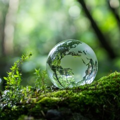 Glass Earth Globe Resting on Mossy Log in Forest m3lufbqgakjk92cdjntg
