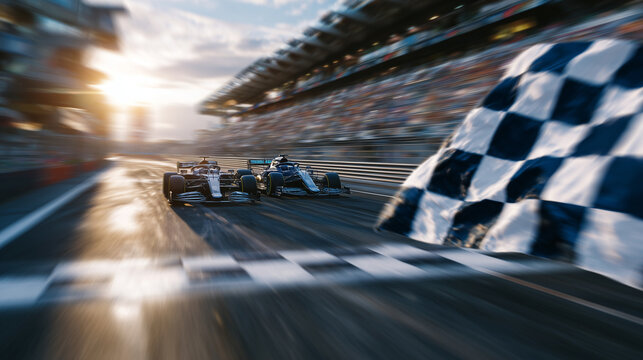 Checkered flag waving in foreground as Formula 1 cars streak past finish line, motion blur emphasizing incredible speed, sun glinting off polished car bodies