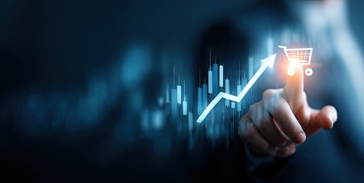 Business growth, hand pointing at a shopping cart icon overlayed on stock market data
