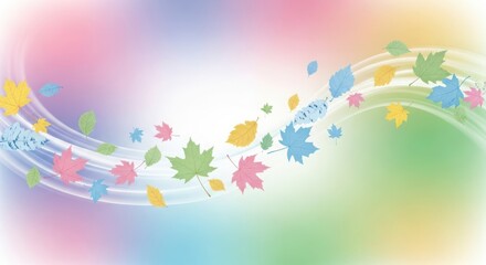 A whimsical and colorful abstract background with stylized autumn leaves swirling on a pastel gradient