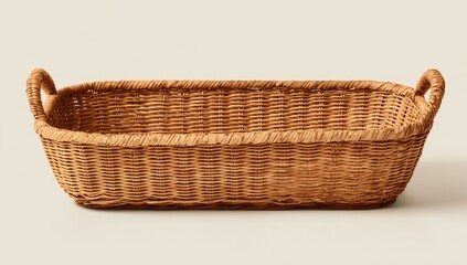 Light brown woven rectangular basket with handles