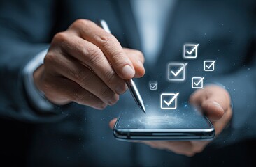 Businessman using a smartphone with checkmarks