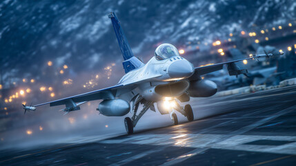 Fototapeta premium Dramatic composition of F-16 on final approach, midnight fog thick and swirling, deck crew holding glowing wands, cinematic lighting highlighting aircraft and carrier deck