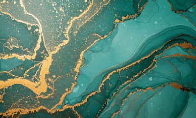 Gold and Teal Iridescent Marble Watercolor Background