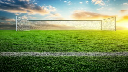 Exciting soccer action on a pristine pitch at sunset outdoor sports event high-quality photography vibrant atmosphere wide-angle view