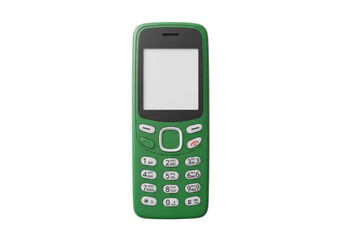 Robust forest green vintage feature phone with unlit off-white screen and keypad, flat lay on transparent background with copy space. Concept of nostalgic design and utility