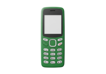 Robust forest green vintage feature phone with unlit off-white screen and keypad, flat lay on transparent background with copy space. Concept of nostalgic design and utility