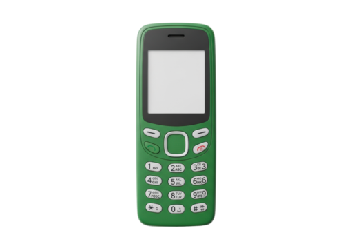Robust forest green vintage feature phone with unlit off-white screen and keypad, flat lay on transparent background with copy space. Concept of nostalgic design and utility