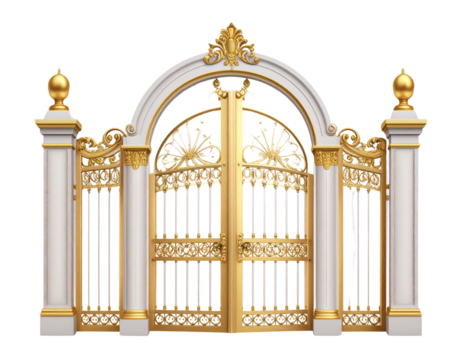 Angled Side View of Ornate Heavenly Pearly Gates Surrounded by Clouds, Isolated