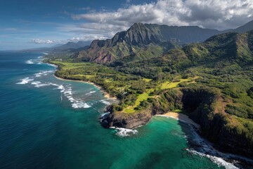 Panoramic aerial view of a tropical coastline with lush green hills, dramatic cliffs, and a turquoise bay