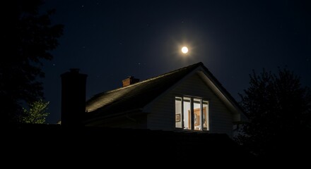 Moonlit Gable Night Scene with Illuminated Window and Starry Sky