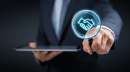 Businessman interacting with a digital handshake graphic over a tablet